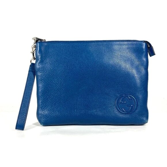 GUCCI 322054 GG Interlocking G Bag Pouch Clutch Bag with Strap Leather blue - Picture 1 of 11